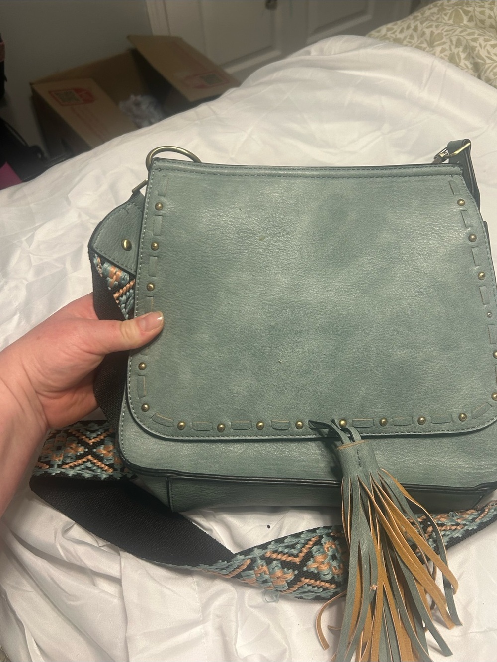 Mint Green Fringe Crossbody Bag with Stud Accents